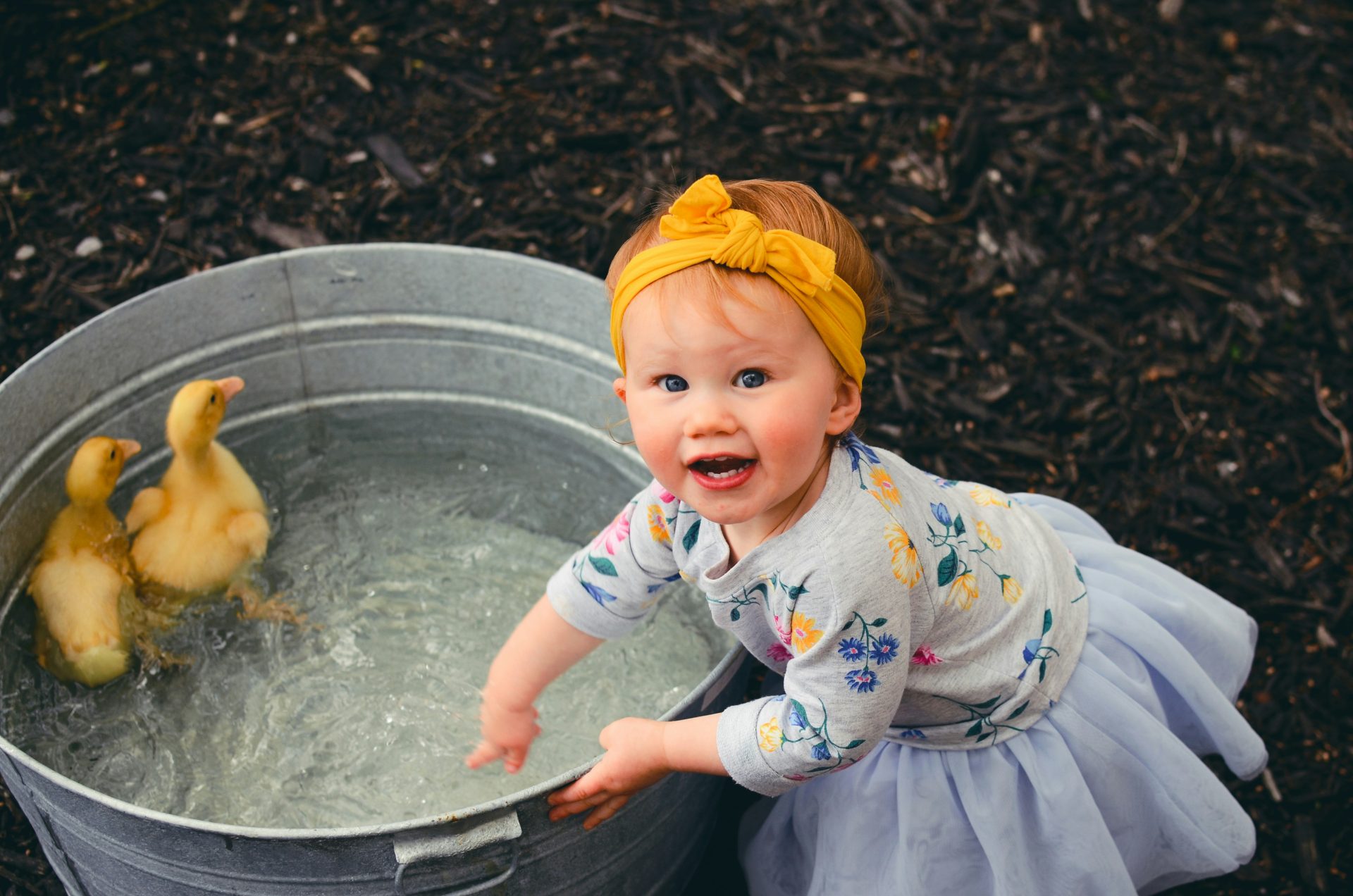 Niña jugando con patitos